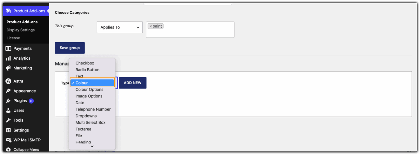 select colour field type