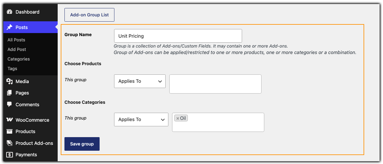 unit pricing group settings