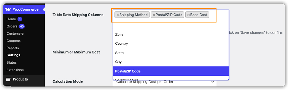 postal zip code column