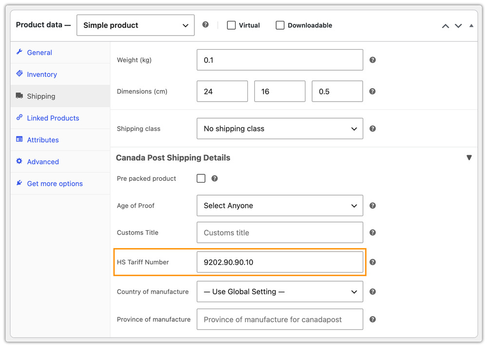 canada post hs code for products