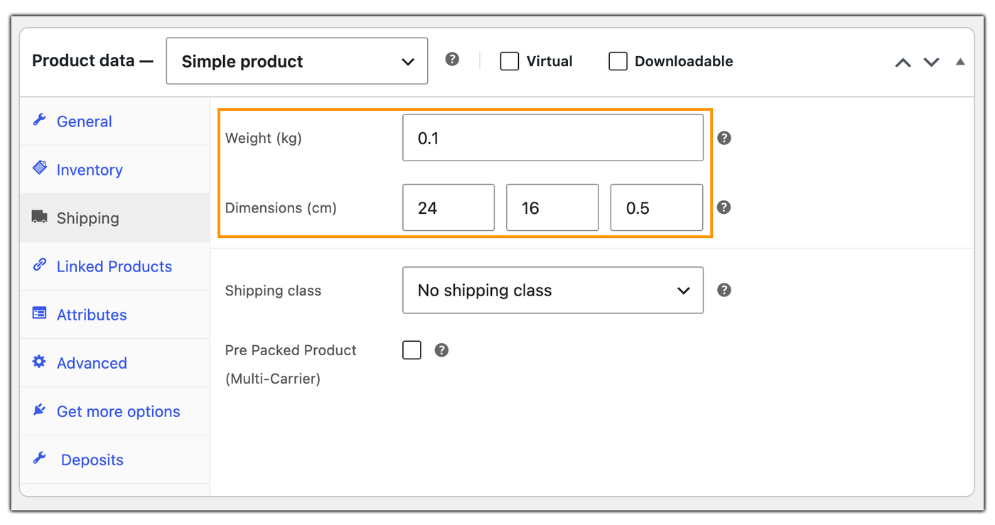 product dimensions for woocommerce shipping boxes