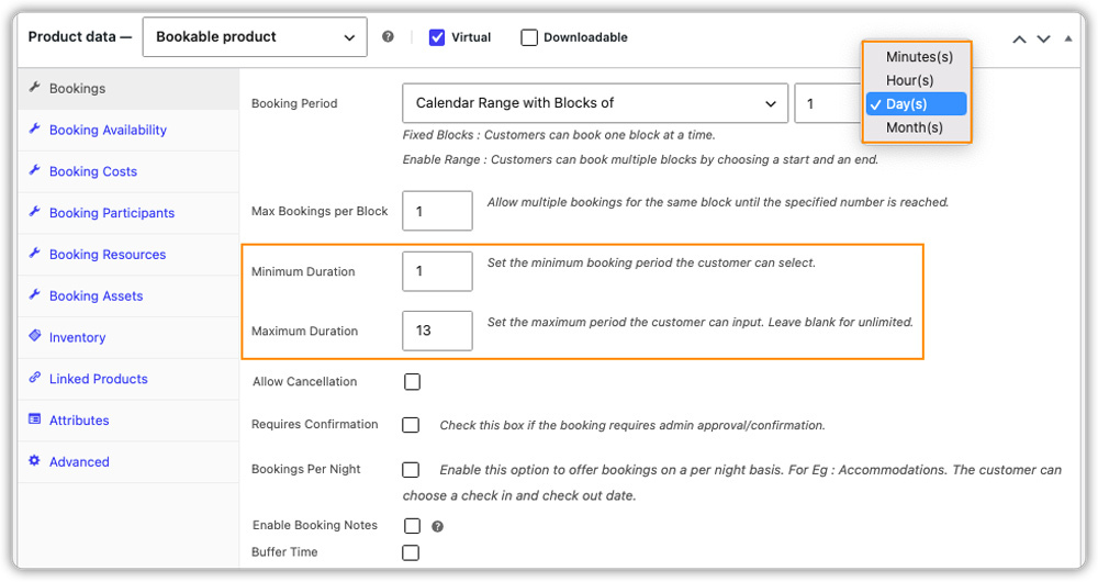 calendar range duration setting