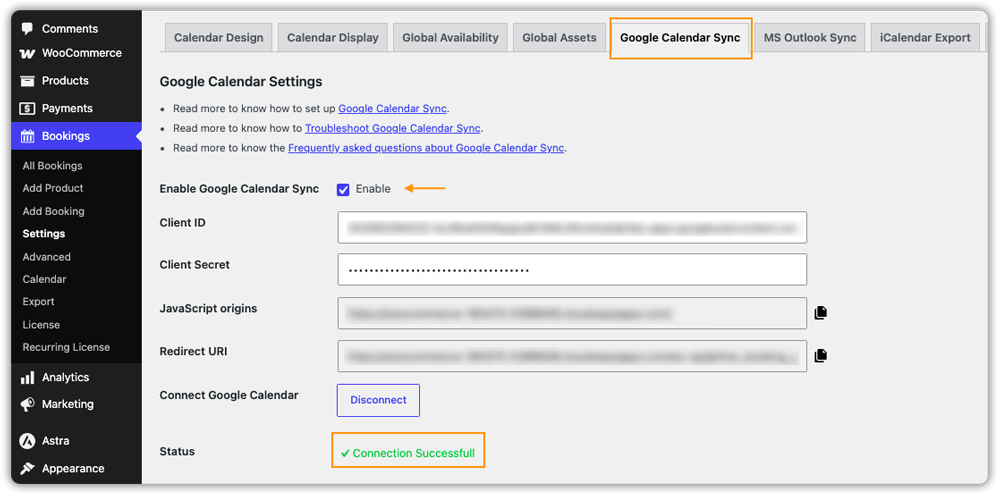 google calendar connection settings