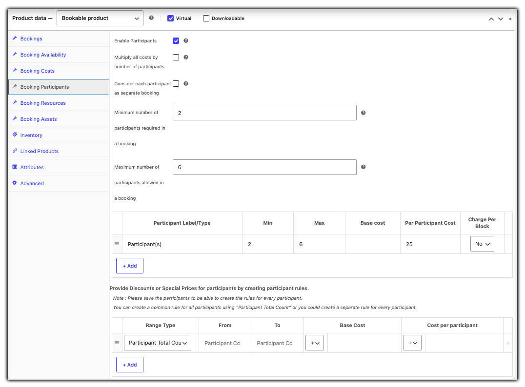 booking participant settings