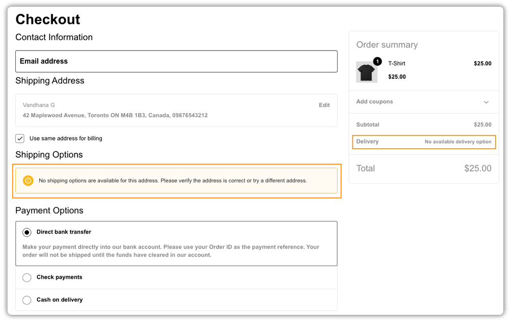 no shipping options error