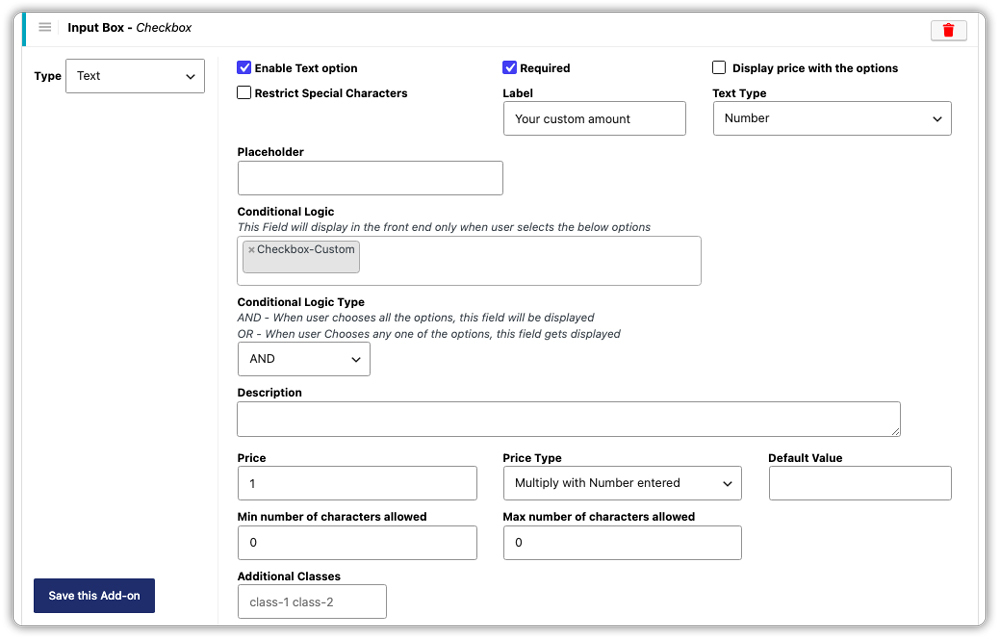 custom amount input field