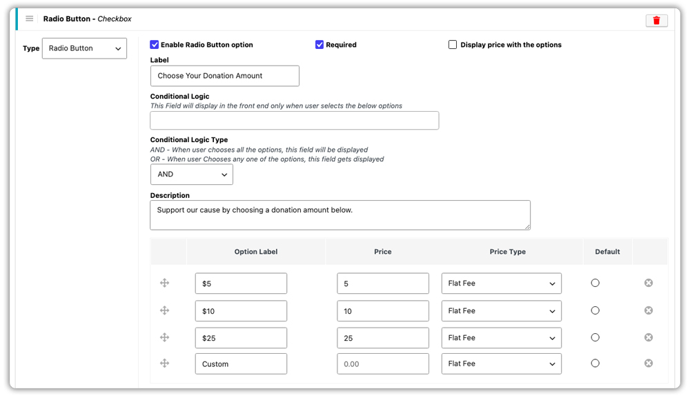radio button amount options