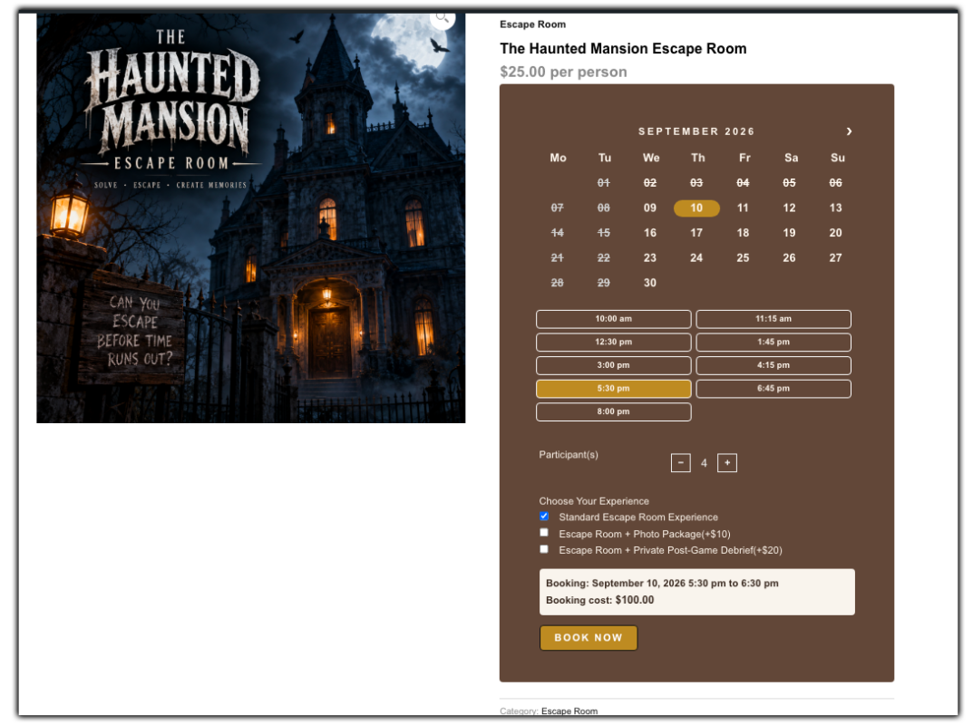 frontend booking calendar page