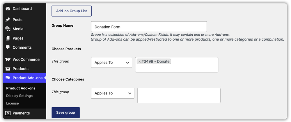 add-on group settings page