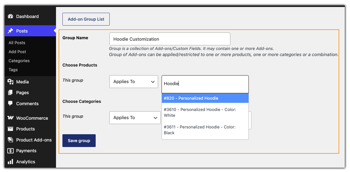 choose products variation