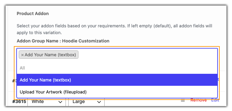 select addon fields per variation