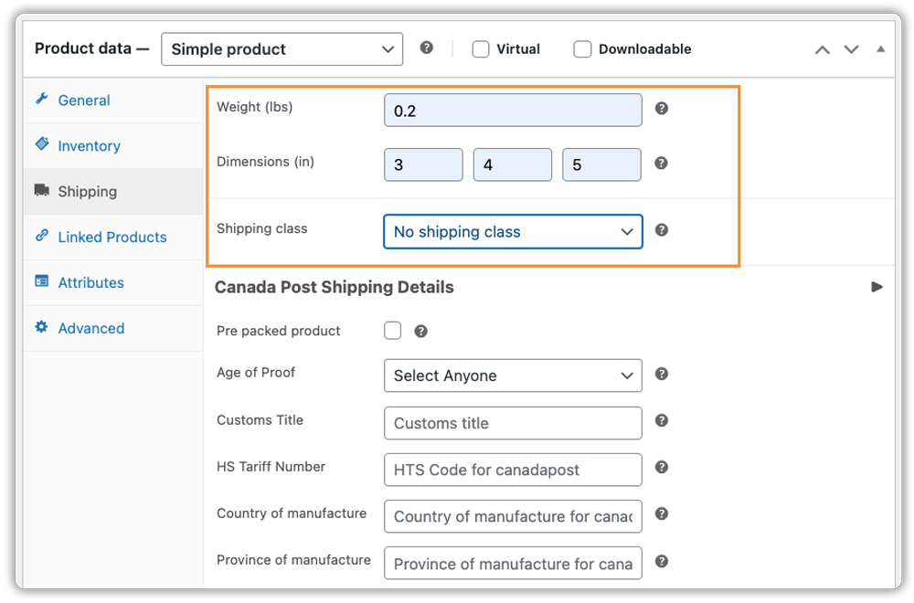 product weight dimensions fields