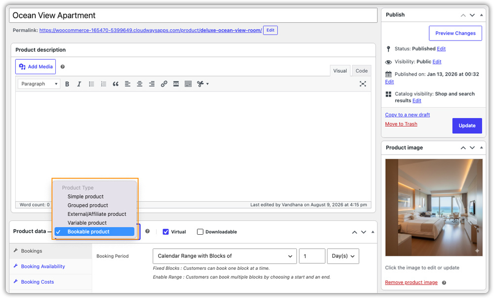 selecting bookable product type