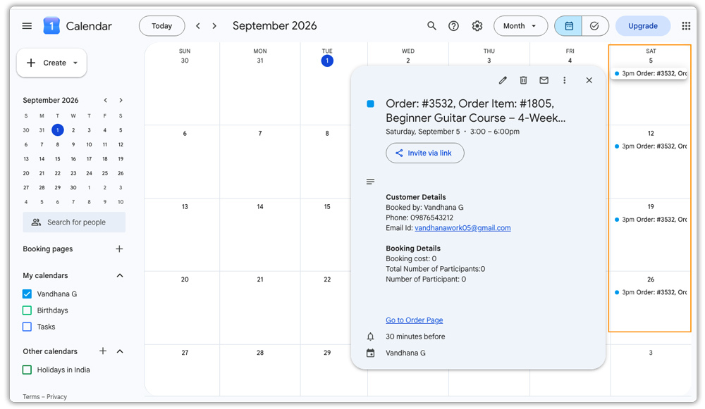 calendar event booking details