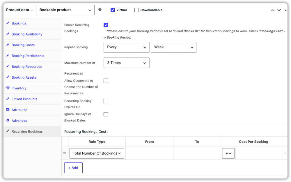 recurring booking settings