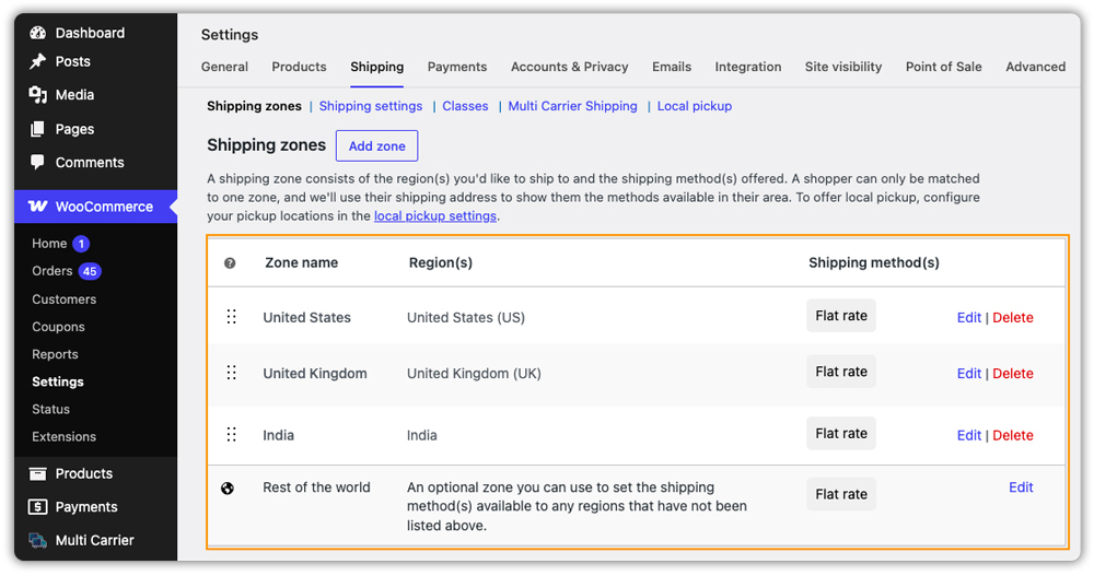 shipping zones list overview