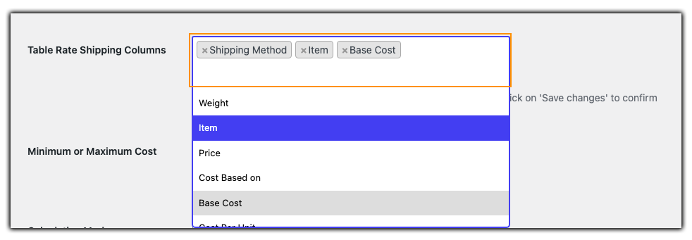 shipping columns item selection