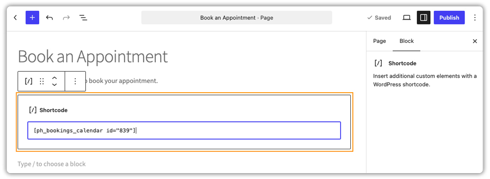 bookings calendar shortcode id