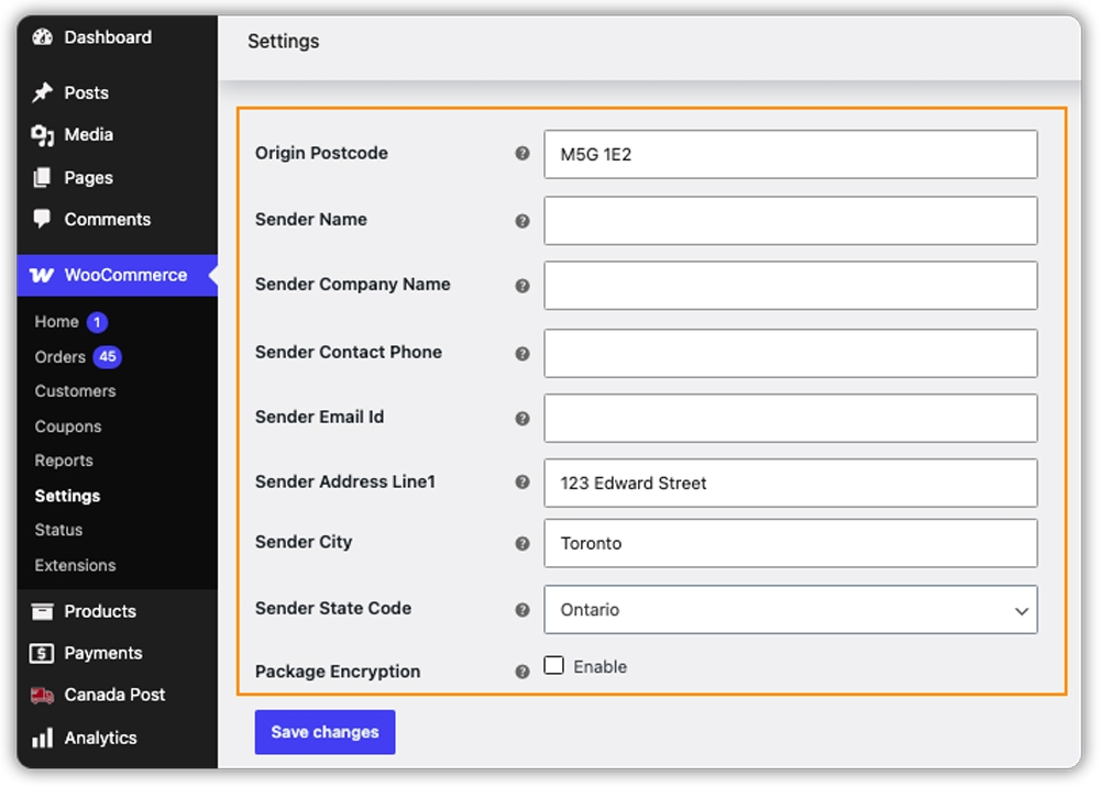 shipper address origin settings