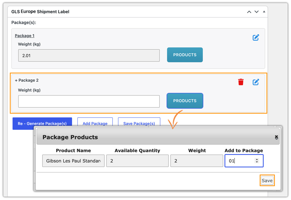 add products to gls package