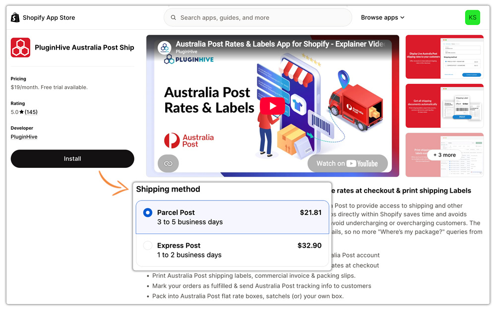 australia post estimates in shopify