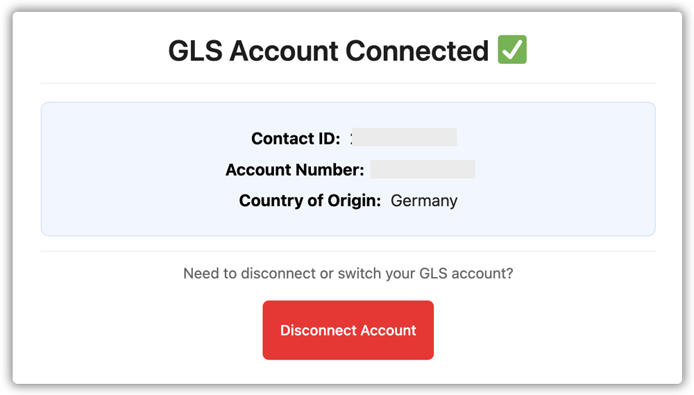 gls shipping account connected