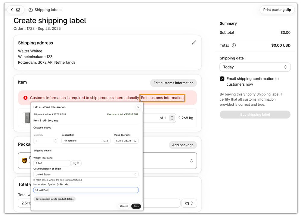 add harmonized system code while label generation