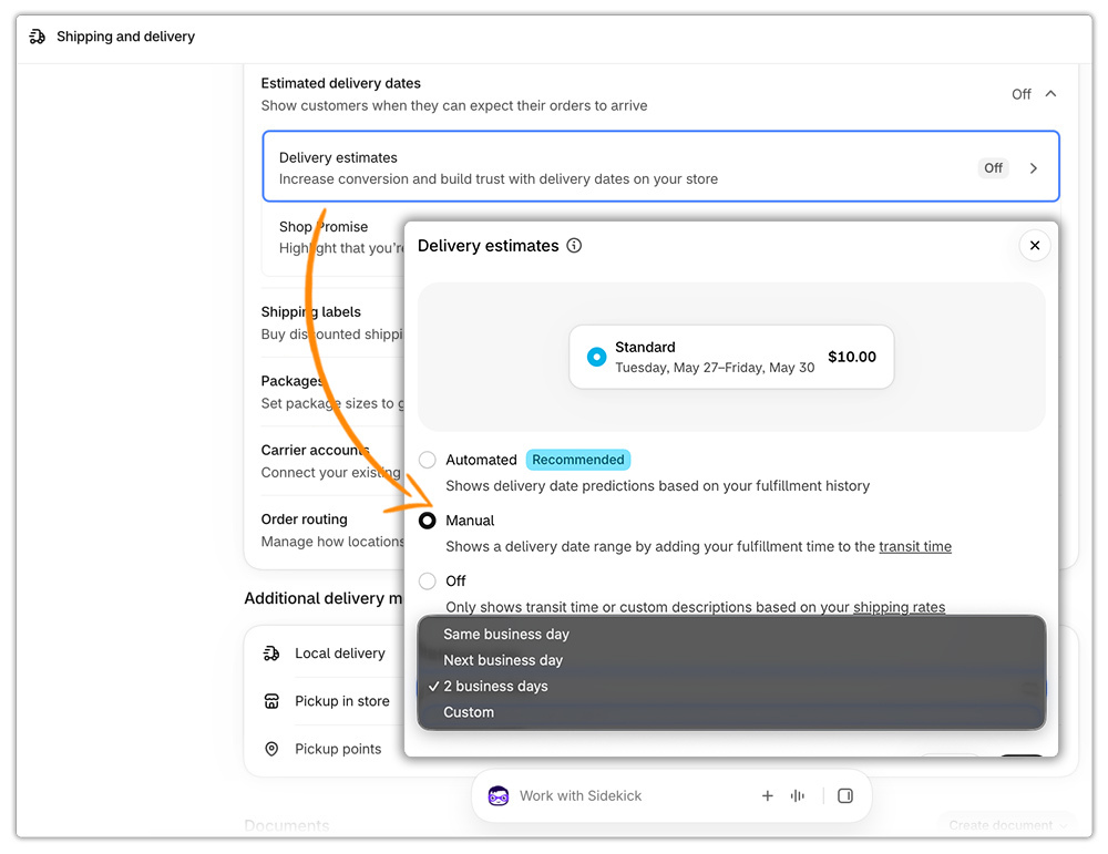 manual delivery estimates in shopify