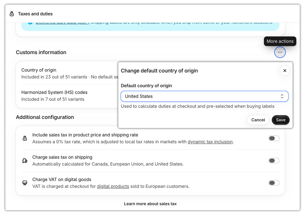 choose default country of origin in shopify