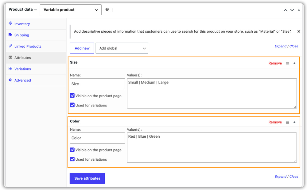 size color attributes setup