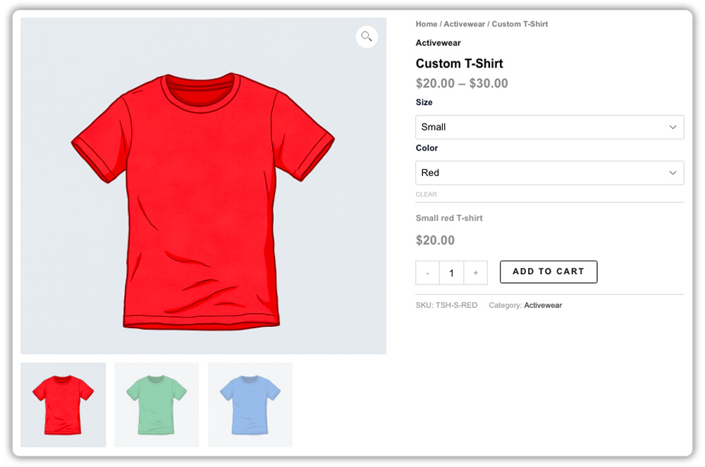 t-shirt size color page